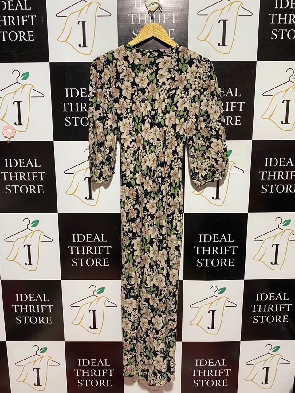 PRIMARK |S| BUST 16| A16| BLACK & BEIGE FLORAL PRINT WRAP MAXI DRESS - V-NECK HALF SLEEVE CASUAL & EVENING GOWNBLACK & BEIGE FLORAL PRINT WRAP MAXI DRESS - V-NECK HALF SLEEVE CASUAL & EVENING GOWN
