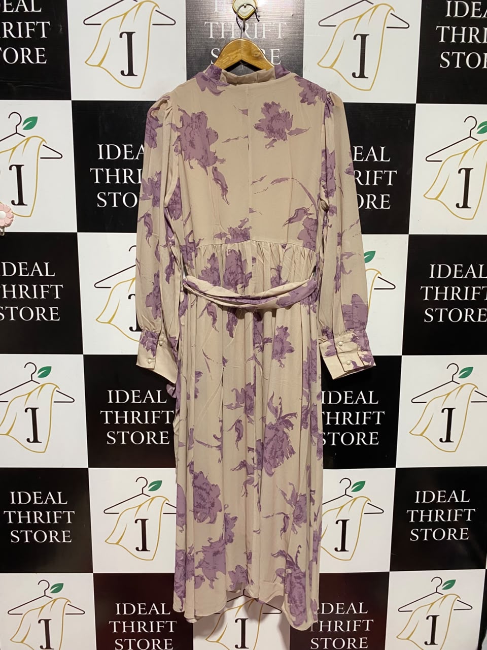 DAZY |L| BUST 19| A16| WOMEN'S BEIGE & PURPLE FLORAL PRINT MAXI DRESS - LONG SLEEVE V-NECK BELTED BOHO DRESS