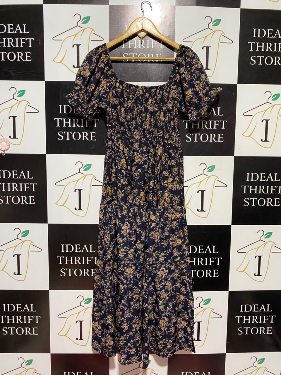 |S| BUST 14| A16| WOMEN'S BLACK & MUSTARD FLORAL SMOCKED MAXI DRESS