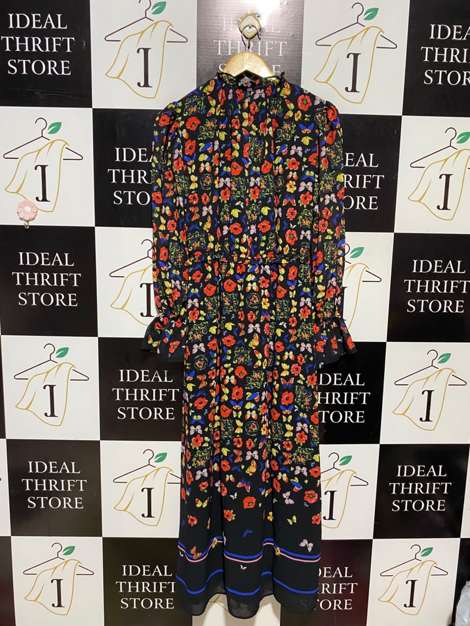 OASIS |M| BUST 18| A16| WOMEN'S BLACK MULTICOLOR FLORAL & BUTTERFLY MAXI DRESS