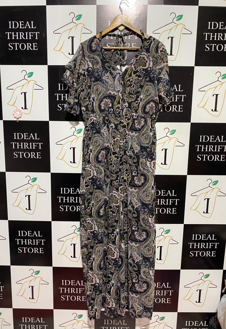 STUDIO |L| BUST 20| A17| WOMEN'S ELEGANT PAISLEY PRINT RUFFLE-SLEEVE MAXI JUMPSUIT