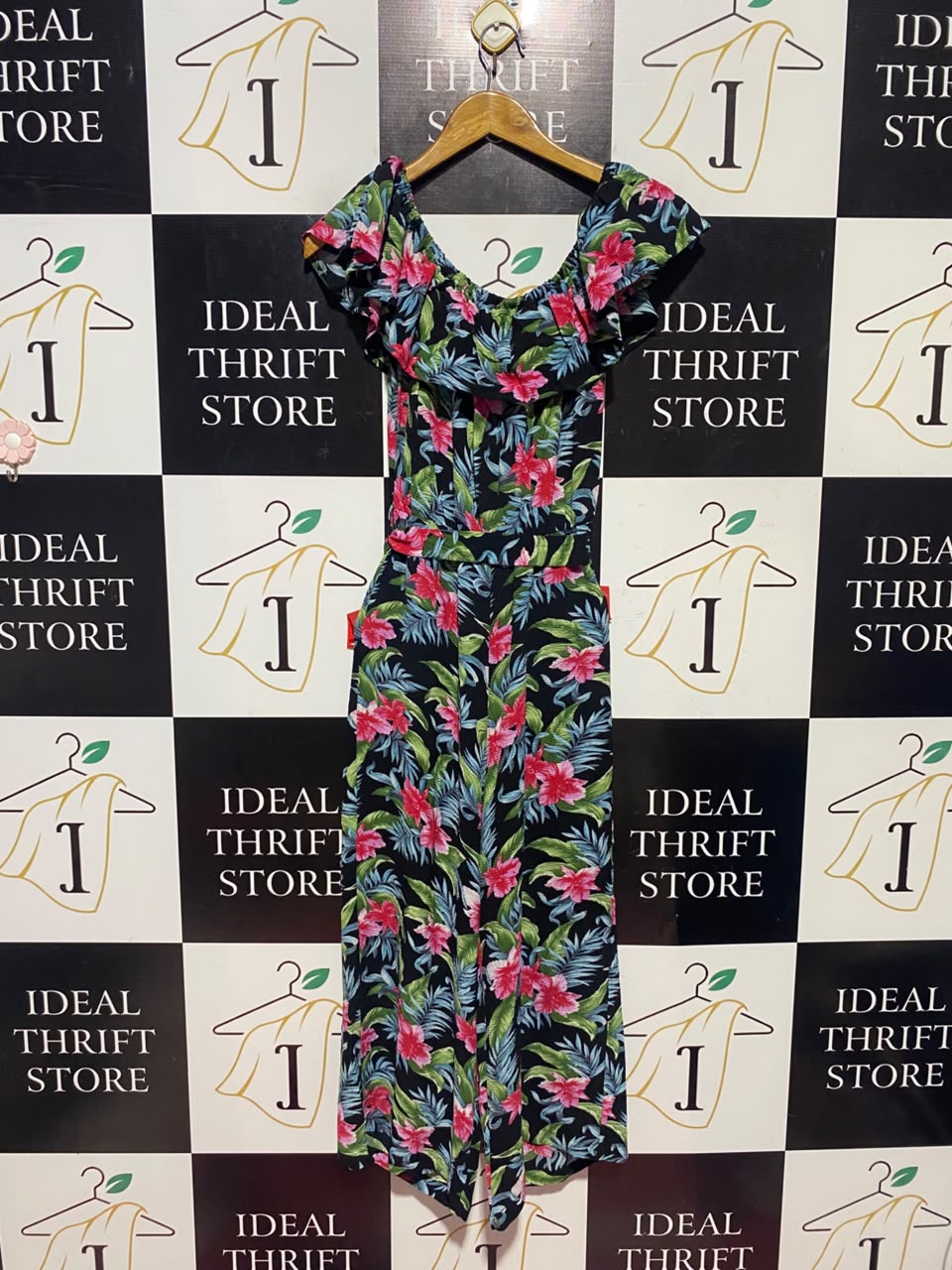 LIPSY |S| BUST 14| A17| WOMEN'S TROPICAL PRINT OFF-THE-SHOULDER RUFFLE JUMPSUIT