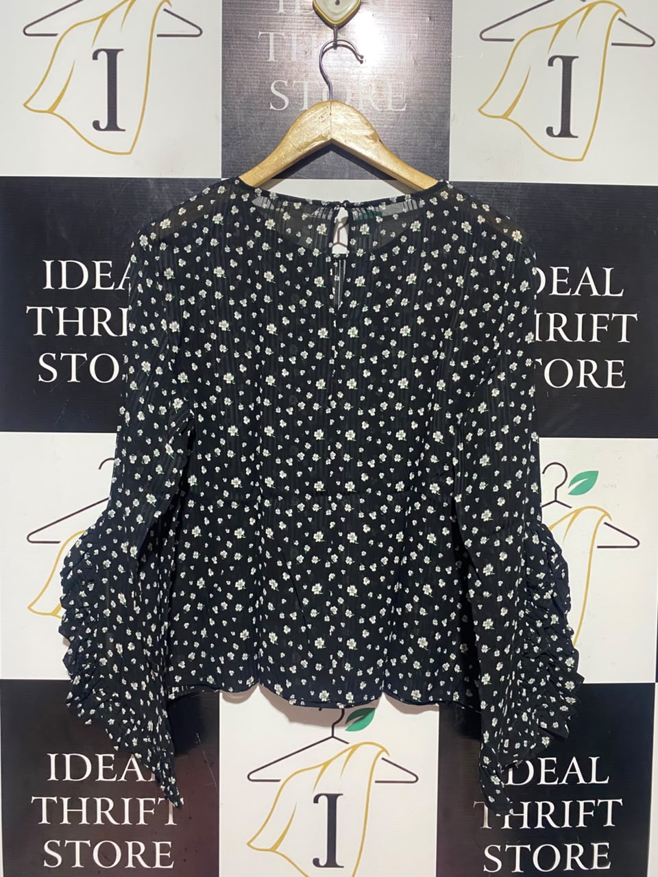 H&M |S| BUST 19| A17| WOMEN'S BLACK DITSY FLORAL RUFFLE-SLEEVE BLOUSE