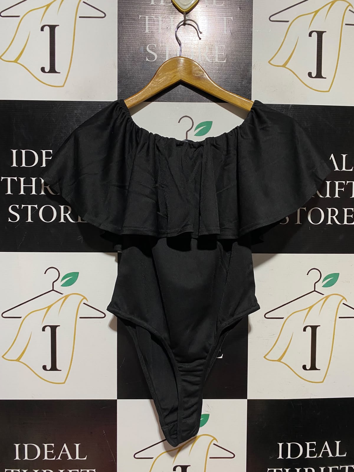 PRETTYLITTLE THING |S| BUST 14| A18| WOMEN’S BLACK OFF-SHOULDER RUFFLE BODYSUIT