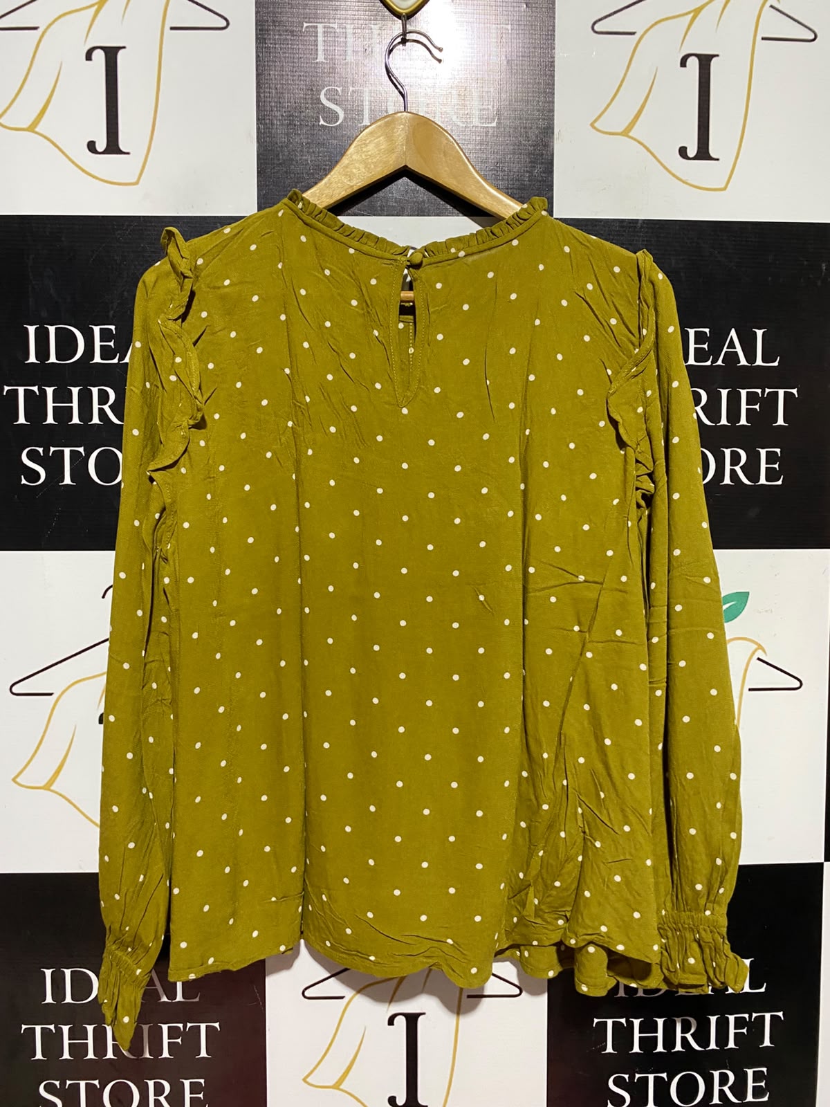 M&S |M| BUST 23| A18| WOMEN’S OLIVE GREEN POLKA DOT LONG-SLEEVE BLOUSE