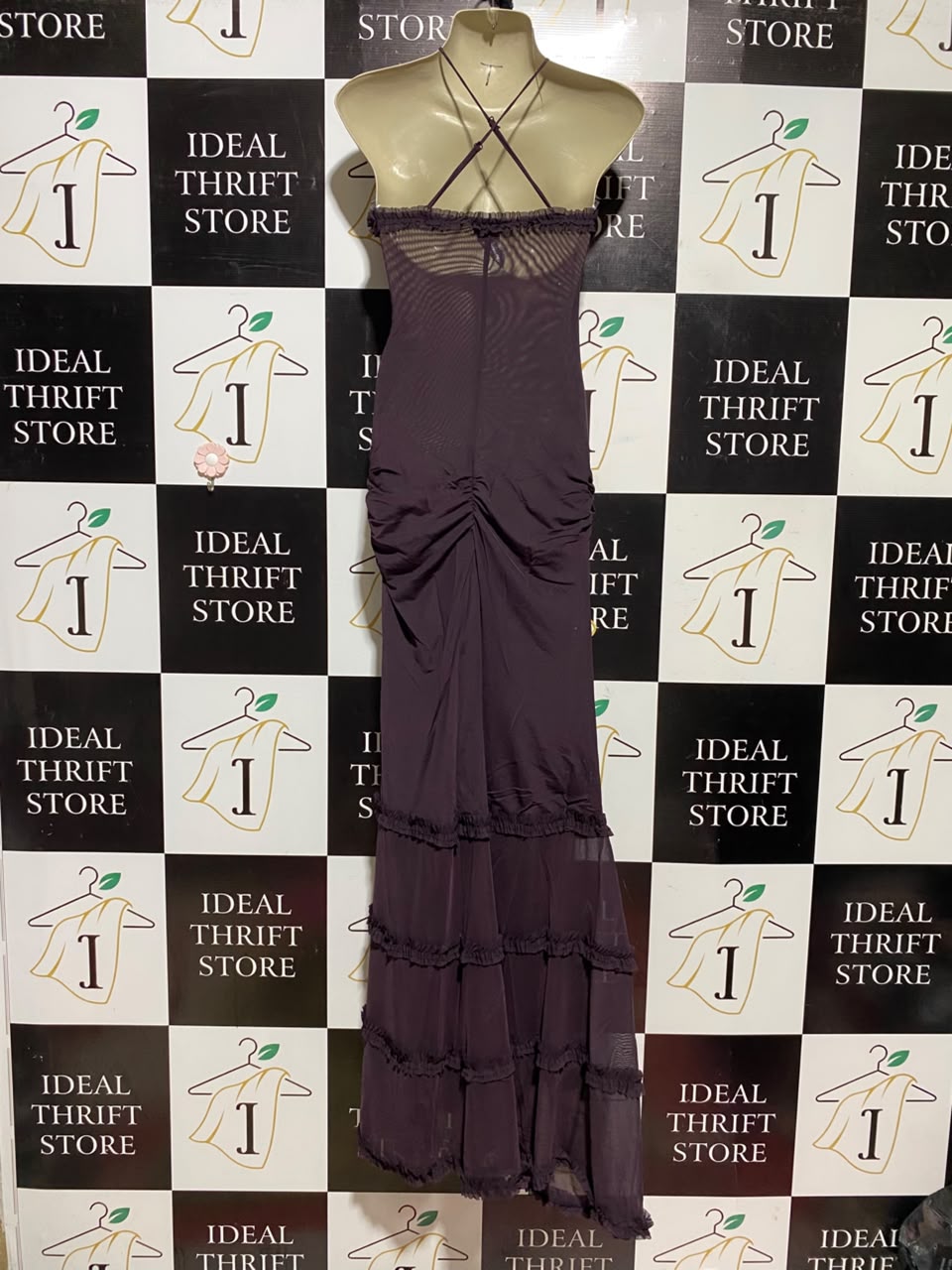 |XS| BUST 12| A18| DEEP PLUM HALTER-NECK CUT-OUT MAXI DRESS WITH RUFFLED DETAIL