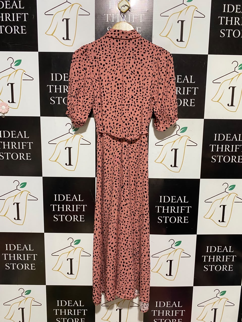 NEW LOOK |S| BUST 15| A19| CORAL AND BLACK DALMATIAN SPOT SHORT-SLEEVE SHIRT DRESS