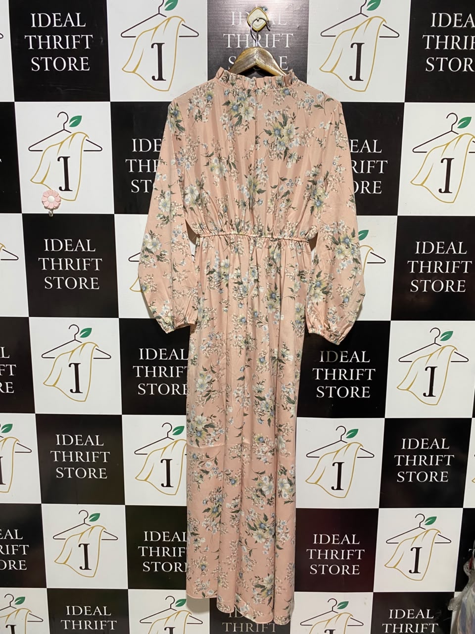 FENGJIN |XL| BUST 19| A19| BLUSH PINK FLORAL RUFFLE-NECK LONG-SLEEVE MIDI DRESS