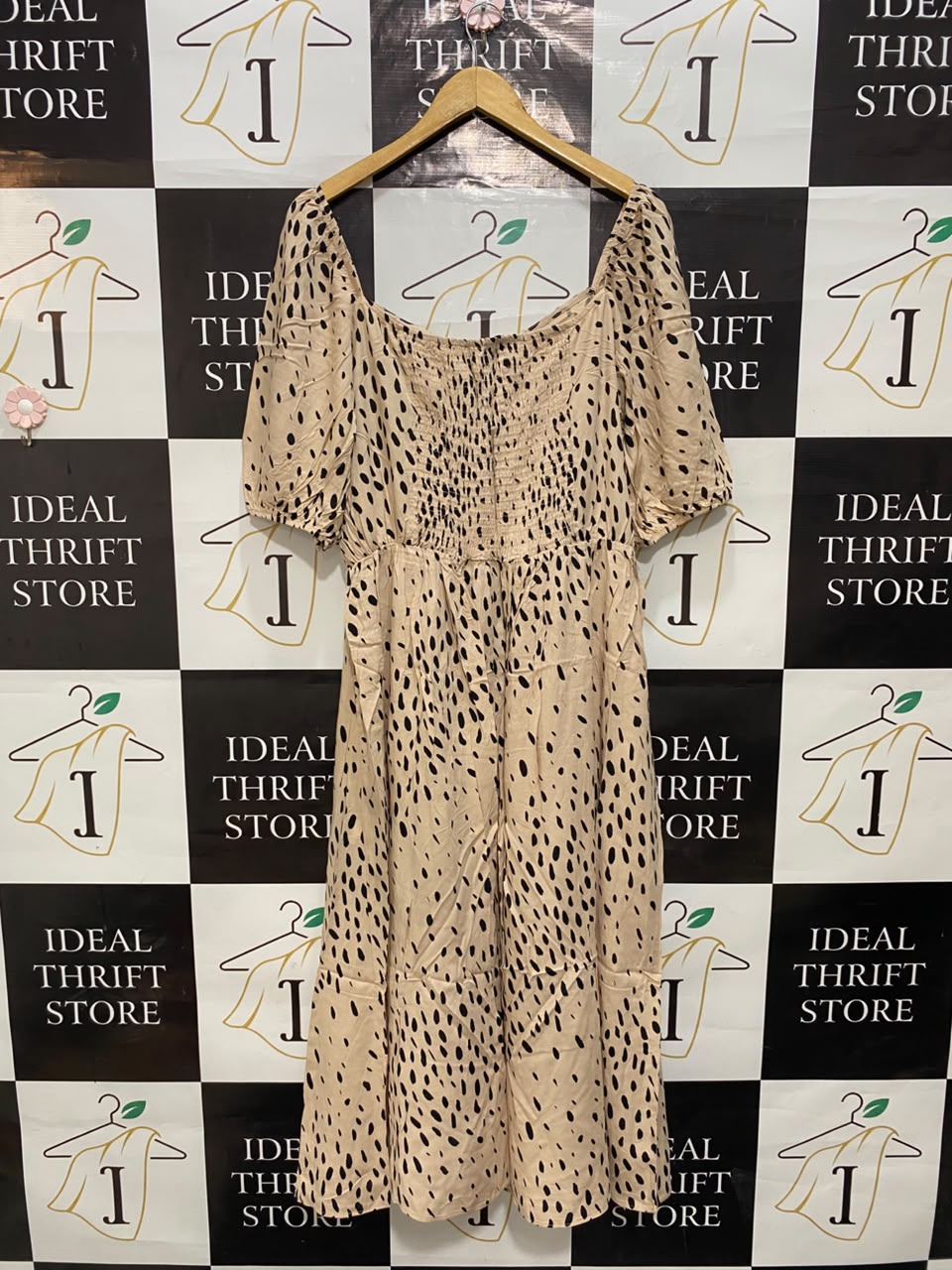 FRIENDS LIKE THESE |L| BUST 20| A20| NUDE AND BLACK ANIMAL PRINT PUFF SLEEVE MIDI DRESS