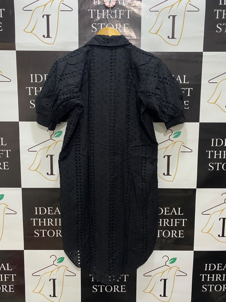 RIVER ISLAND |S| BUST 19| A20| BLACK EYELET EMBROIDERY BUTTON-UP SHIRT DRESS