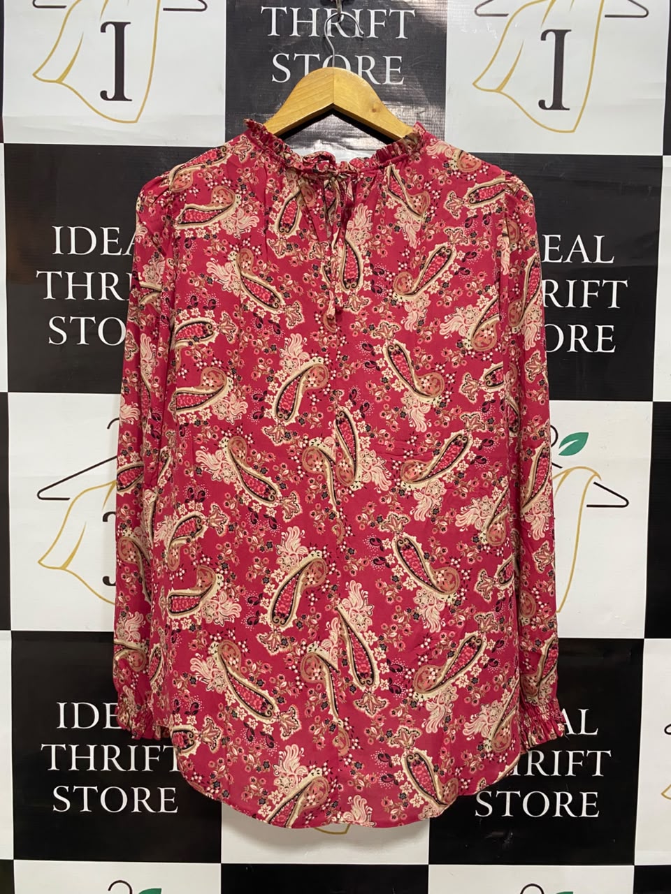 DUNNES |L| BUST 22| A20| PINK PAISLEY PRINT RUFFLE NECK LONG SLEEVE BLOUSE