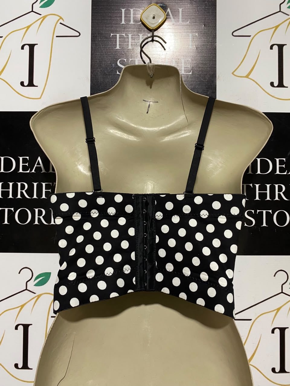 |S| BUST 16| A19| BLACK AND WHITE POLKA DOT BUSTIER CROP TOP