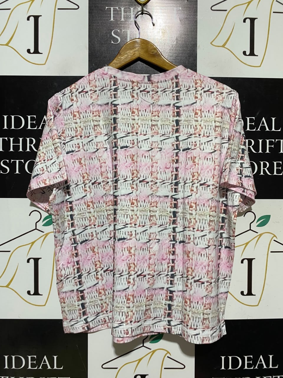 |L| BUST 21| A19| PINK AND WHITE PLAID TWEED-PRINT SHORT SLEEVE T-SHIRT