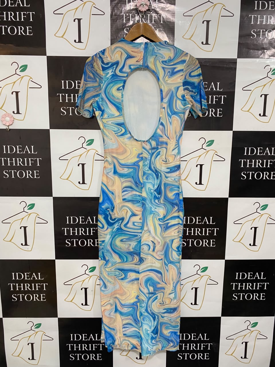 SHE |L| BUST 16| A21| BLUE MARBLE SWIRL PRINT SHORT SLEEVE MIDI DRESS