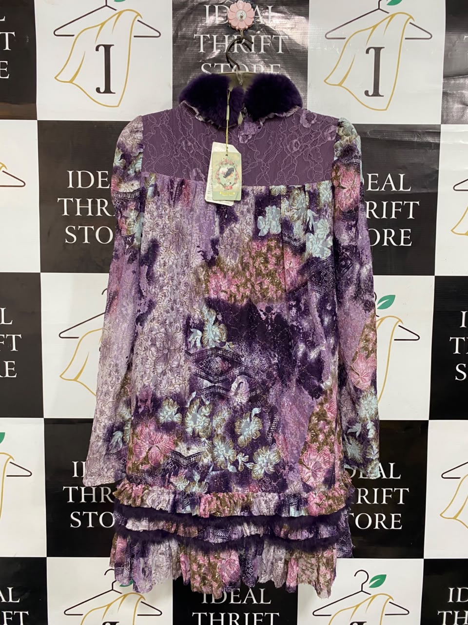 ANNA & LICE |M| BUST 19| A21| PURPLE FLORAL FAUX FUR TRIM LONG SLEEVE MINI DRESS