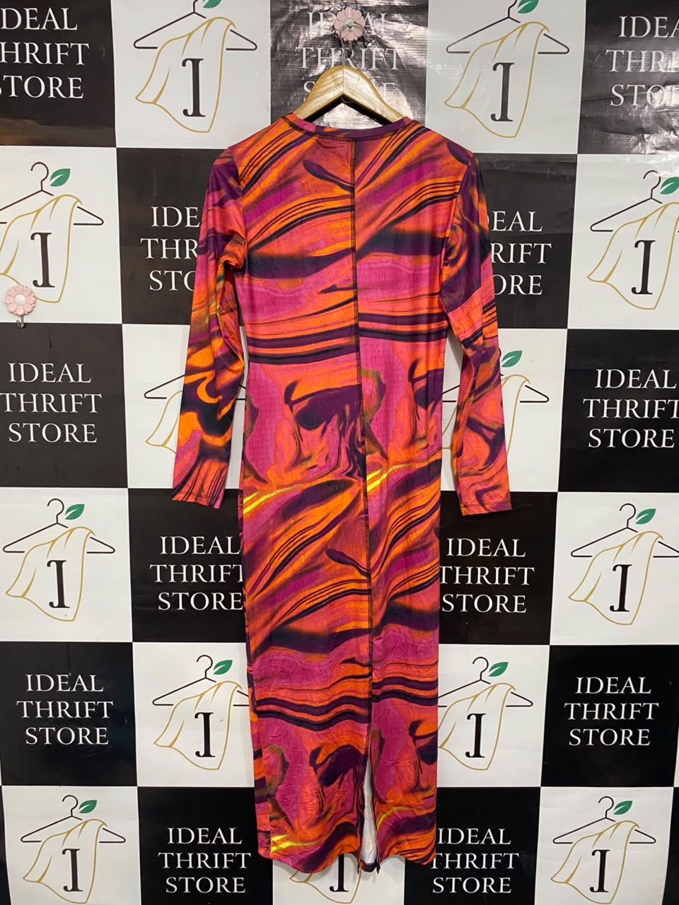 VERO MODA |M| BUST 17| A21| PINK AND ORANGE MARBLE SWIRL LONG SLEEVE MIDI DRESS