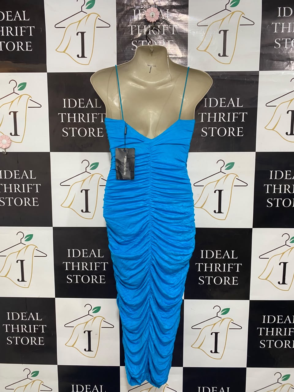 PRETTYLITTLE THING |M| BUST 15| A21| BRIGHT BLUE RUCHED SLIP MIDI DRESS
