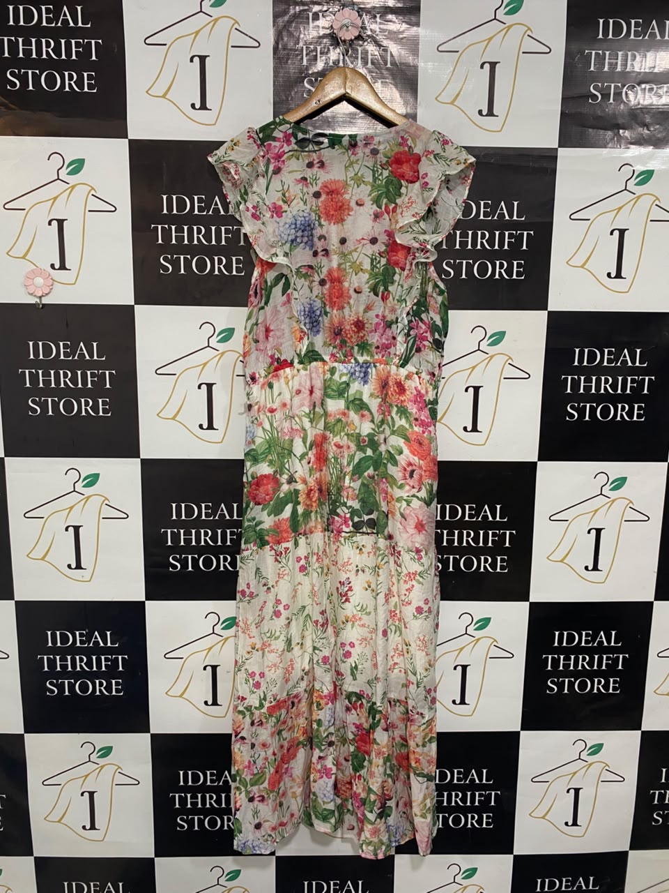 FIGUEROA & EFLORVER |L| BUST 19| A21| MULTICOLOR FLORAL PRINT RUFFLE SLEEVE MIDI DRESS