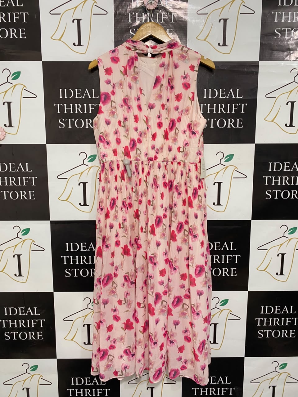 PETITE |M| BUST 18| A20| PINK FLORAL PLEATED MIDI DRESS ELEGANT HALTER NECK PARTY DRESS
