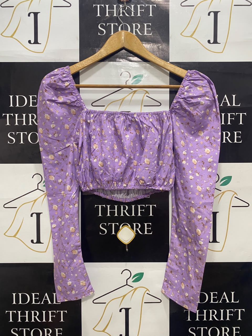 IN THE STYLE |S| BUST 15| A20| LAVENDER FLORAL CROP TOP SQUARE NECK LONG PUFF SLEEVE BLOUSE