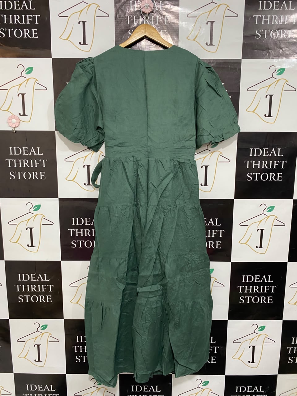 AERE |L| BUST 20| A22| SAGE GREEN WRAP MIDI DRESS WITH PUFF SLEEVES AND TIRED SKIRT
