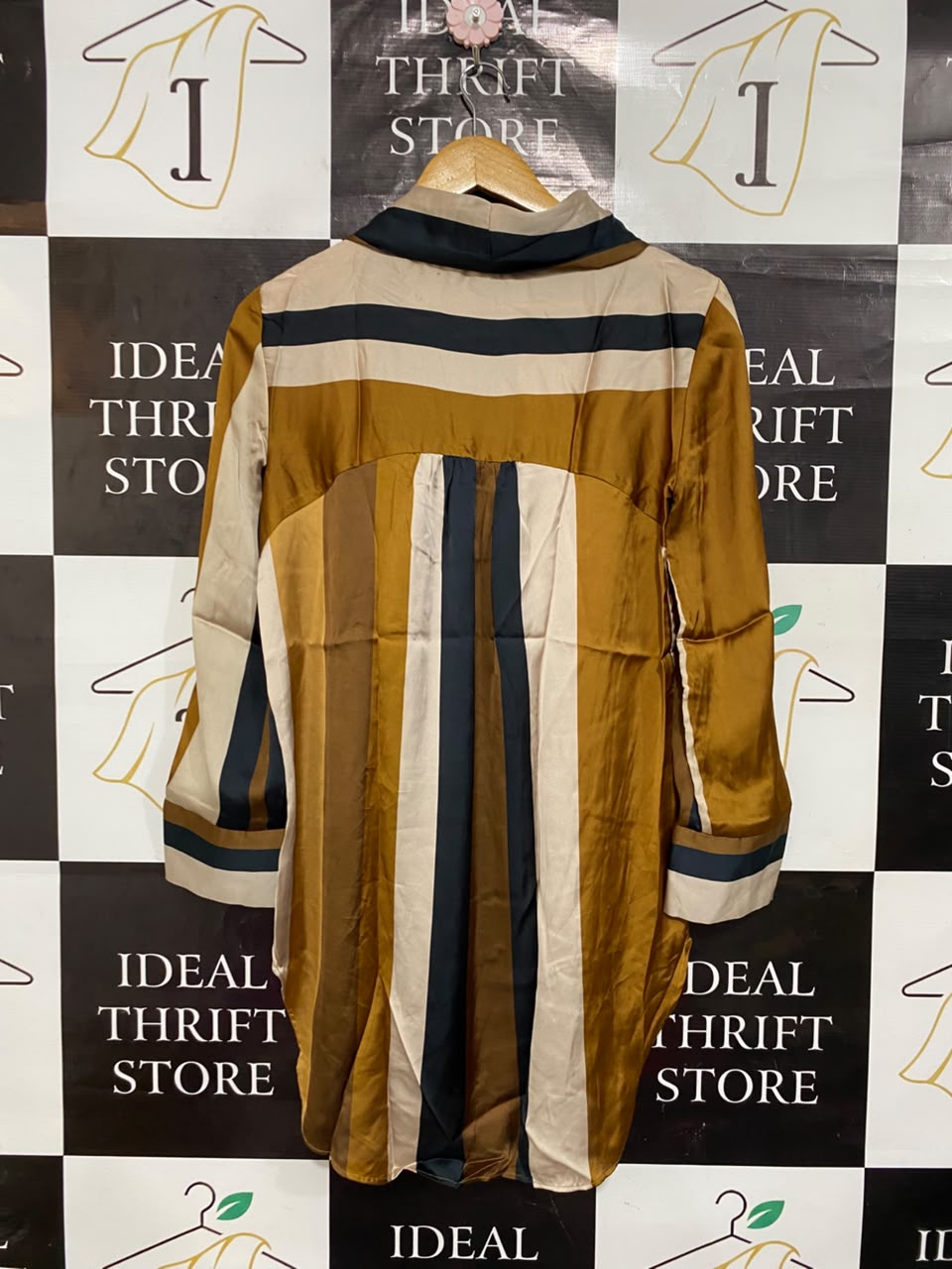 ZARA BASIC |XS| BUST 17| A22| STRIPED SATIN TUNIC BLOUSE WITH TIE NECK LONG SLEEVE CURVED HEM SHIRT TOP