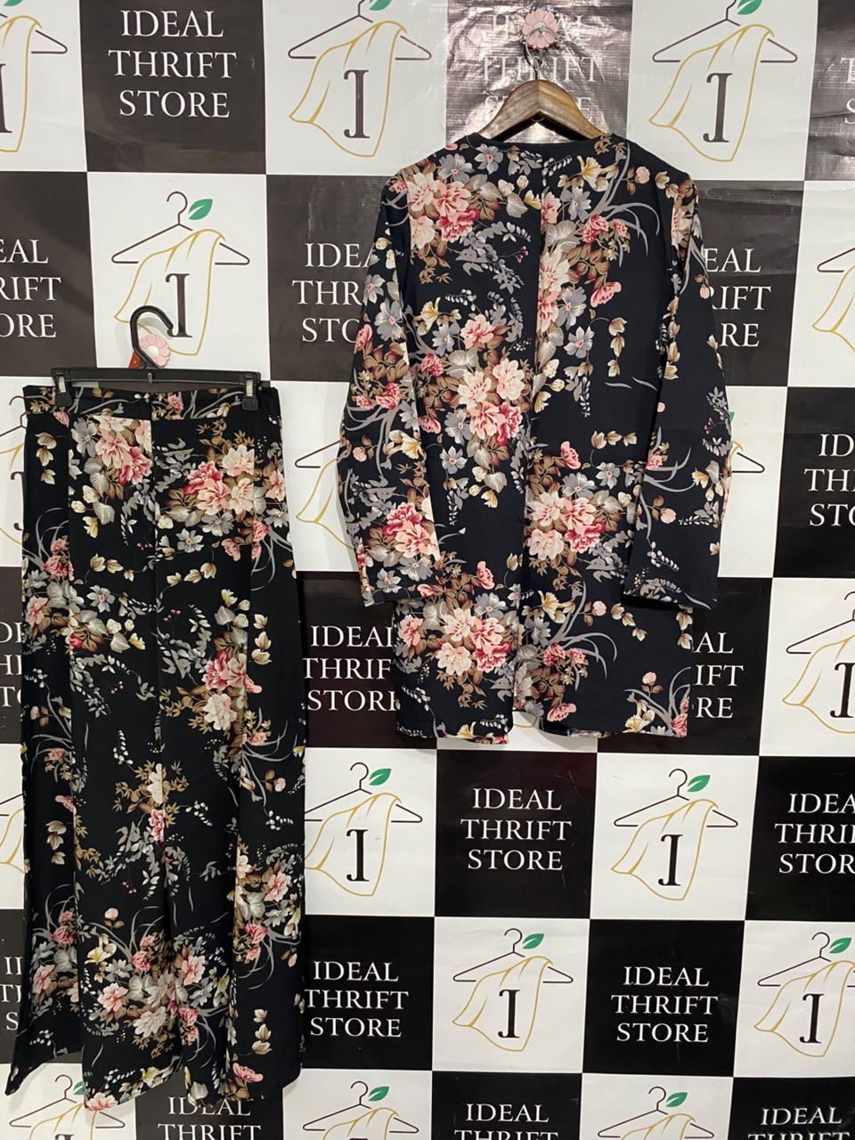SHEIN |L| A21| BLACK FLORAL OPEN FRONT LONG CARDIGAN AND WIDE-LEG PANTS TWO-PIECE MATCHING CO-ORD SET
