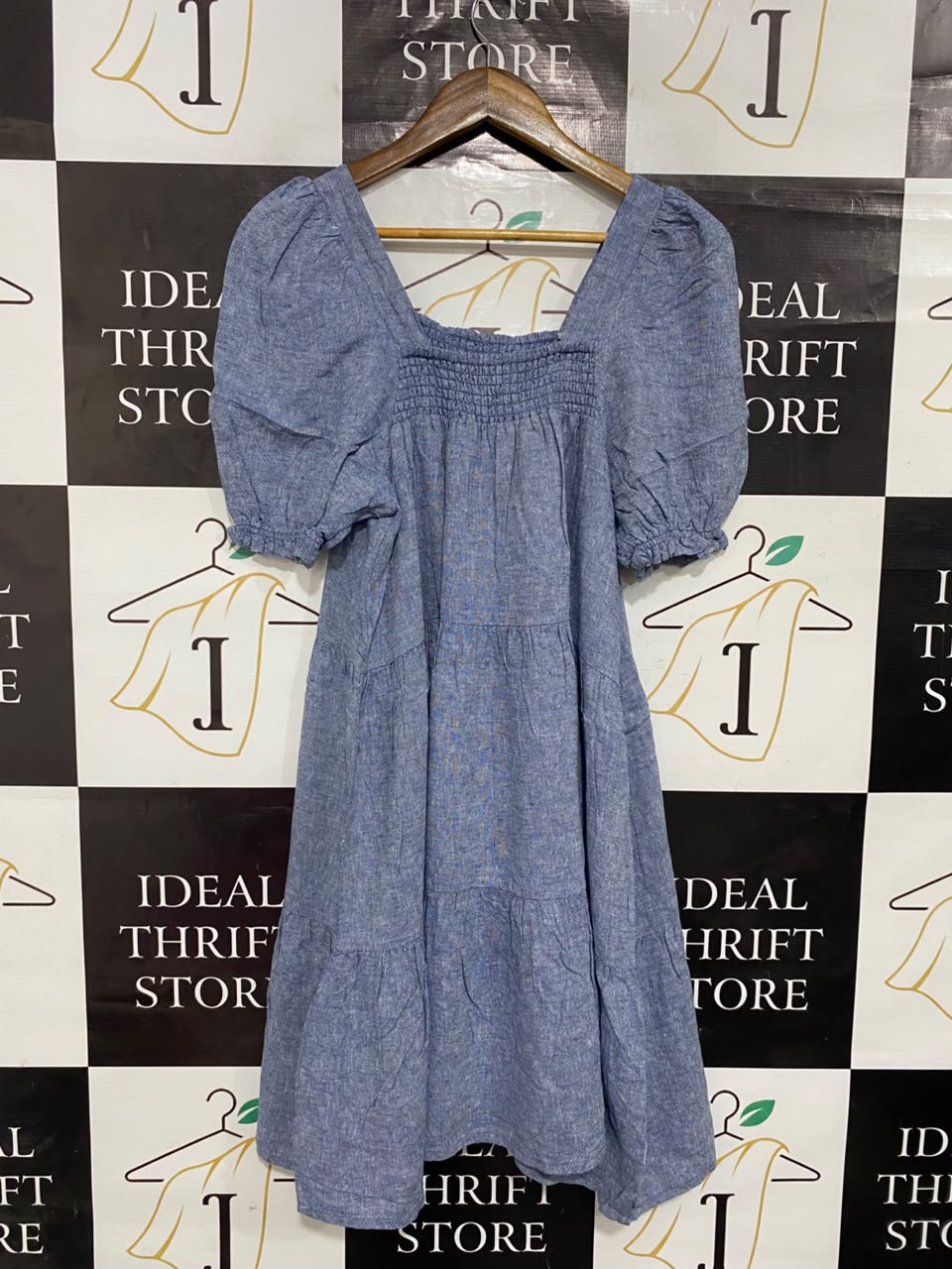 F&F |S| BUST 17| A21| BLUE SMOCKED SQUARE NECK TIERED MIDI DRESS WITH SHORT PUFF SLEEVES