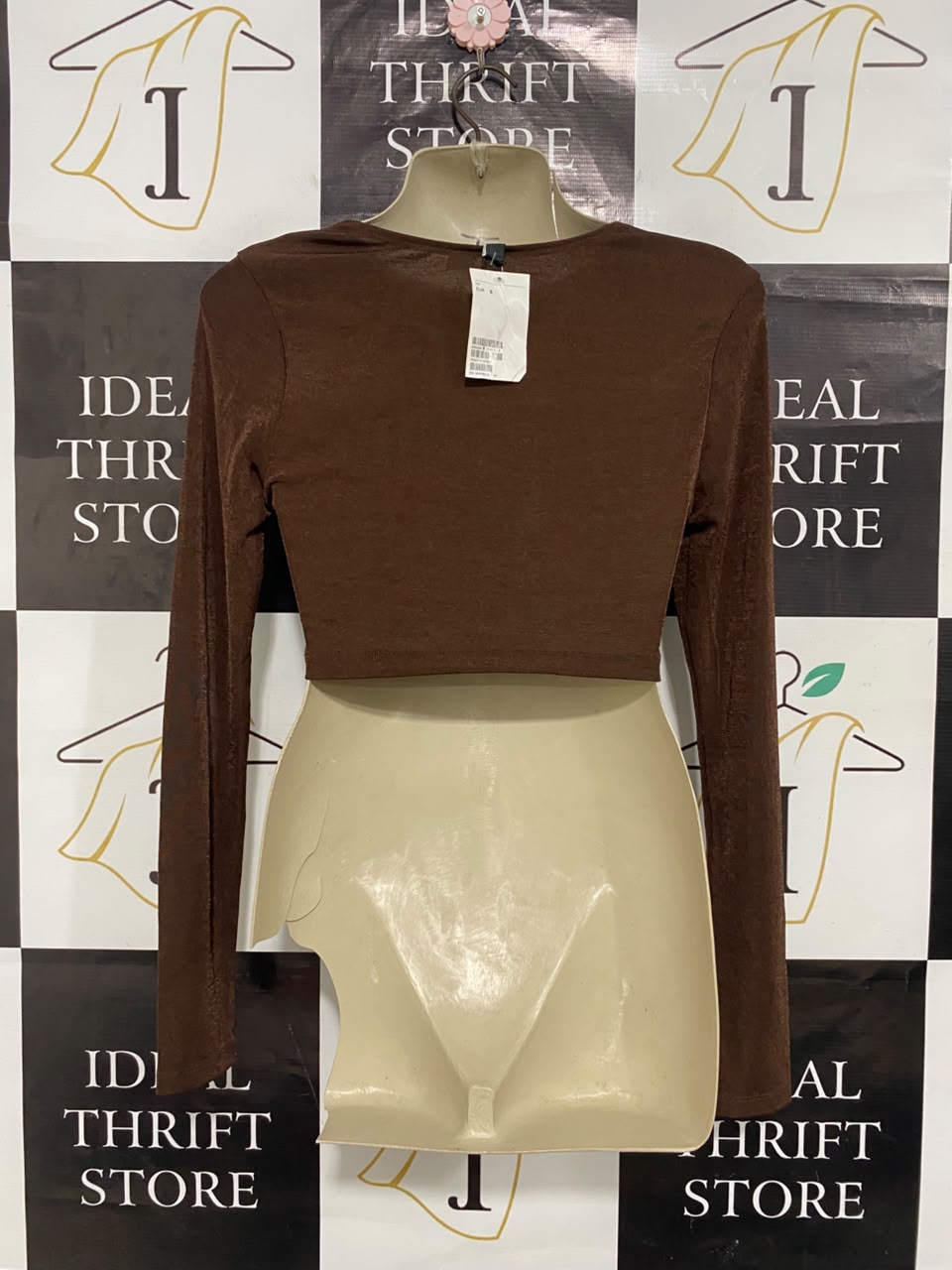 H&M |S| BUST 15| A21| BROWN LONG SLEEVE CROP TOP WITH FRONT TIE-UP AND RUCHED CUT-OUT