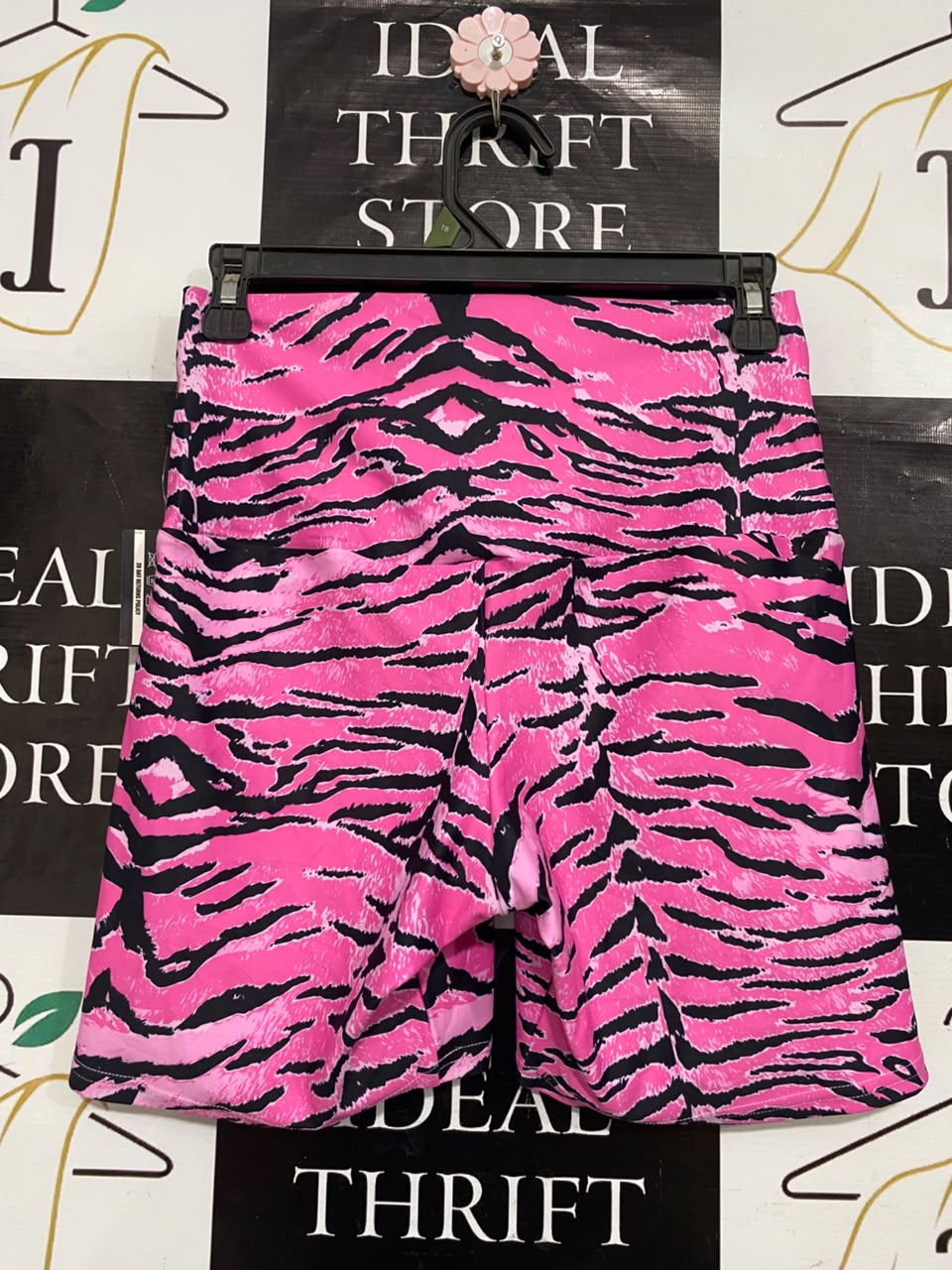 EXOTICA |S| WAIST 26| A21| PINK AND BLACK TIGER STRIPE HIGH-WAISTED ATHLETIC BIKER SHORTS