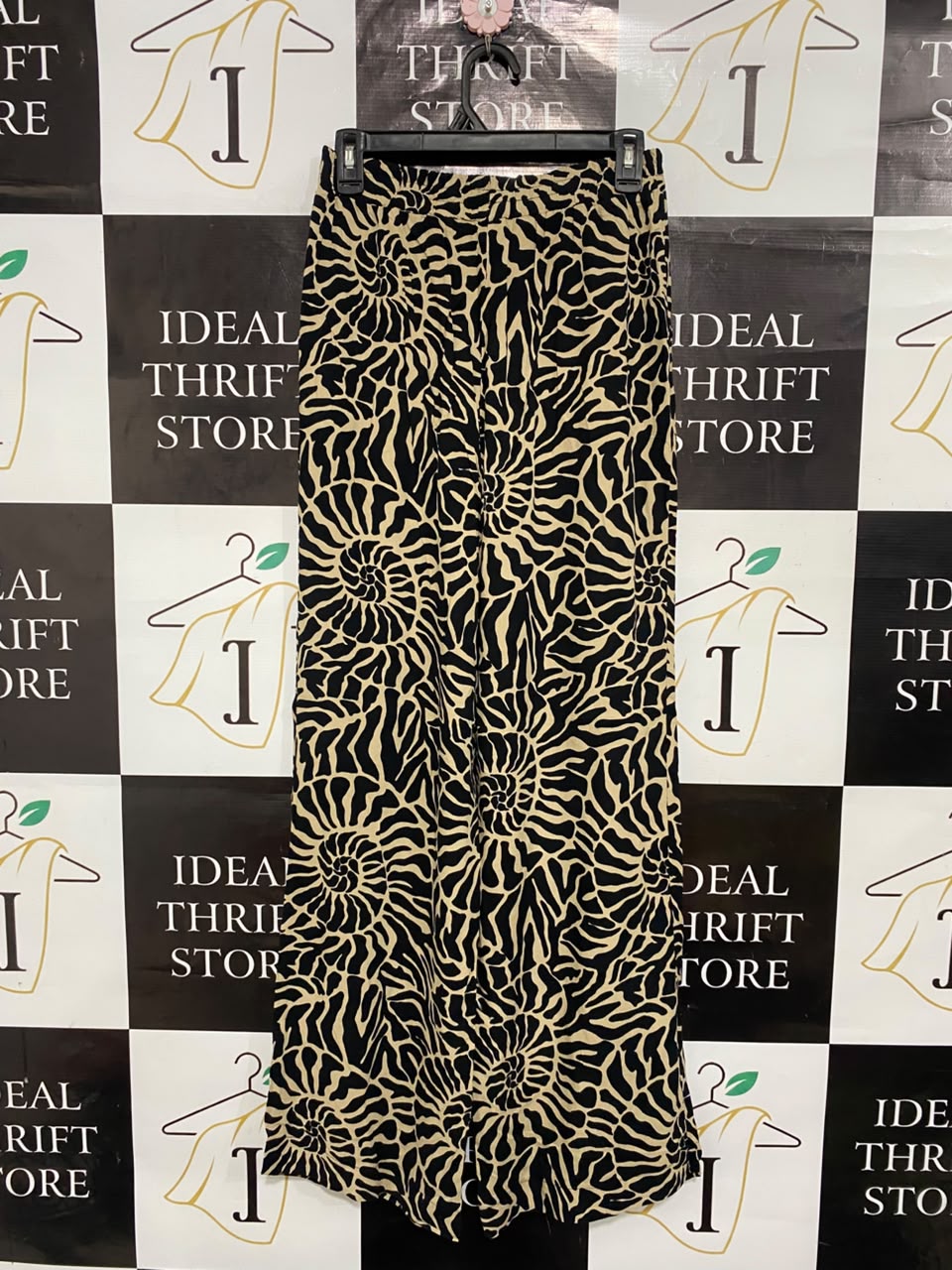 SELECT |S| WAIST 26| A21| BLACK AND BEIGE ABSTRACT SWIRL PATTERN WIDE LEG TROUSERS RELAXED FIT PANTS