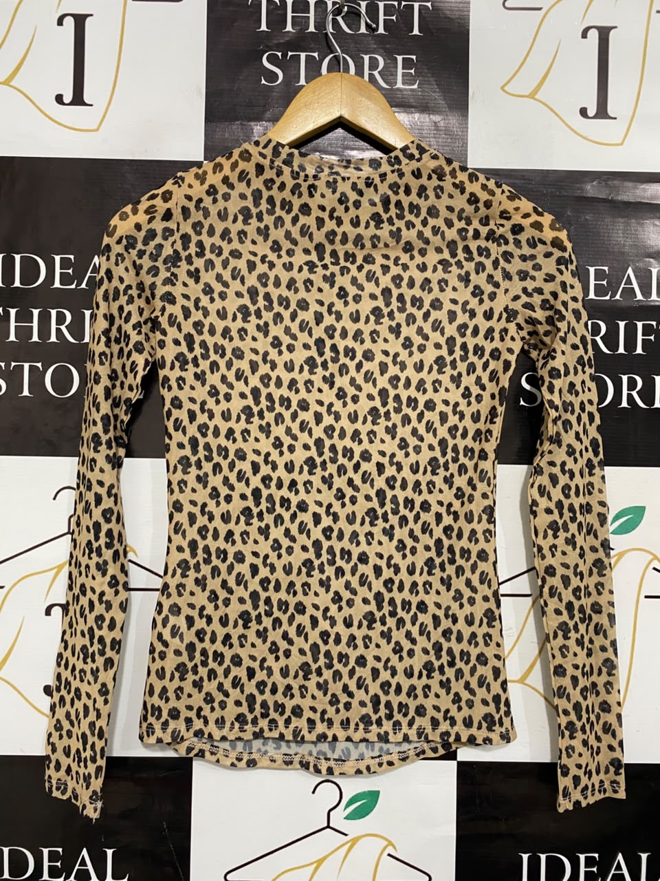 GLASSON |XS| BUST 14| A21| LEOPARD PRINT MESH LONG SLEEVE TOP SHEER ANIMAL PRINT SHIRT