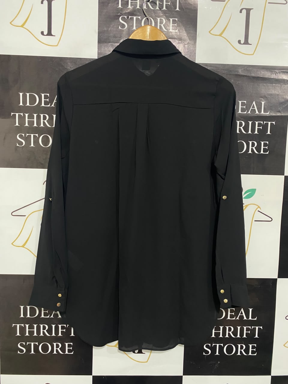 PRIMARK |M| BUST 20| A21| BLACK BUTTON DOWN SHIRT LONG SLEEVE GOLD STUD POCKET TUNIC TOP