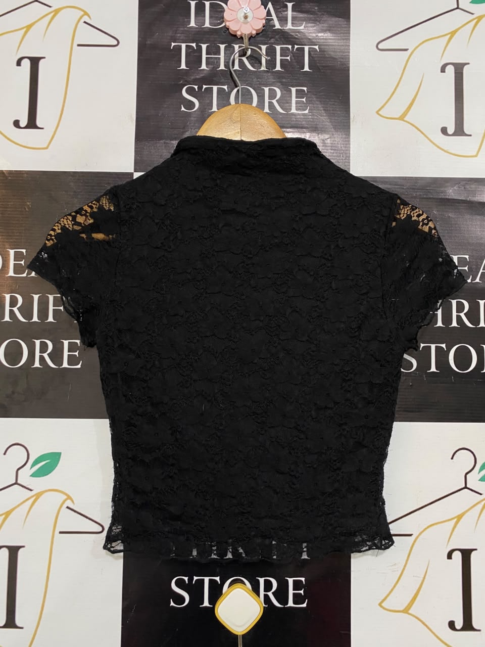 LUVALOT |S| BUST 14| A21| BLACK LACE SHORT SLEEVE TOP MOCK NECK ELEGANT BLOUSE