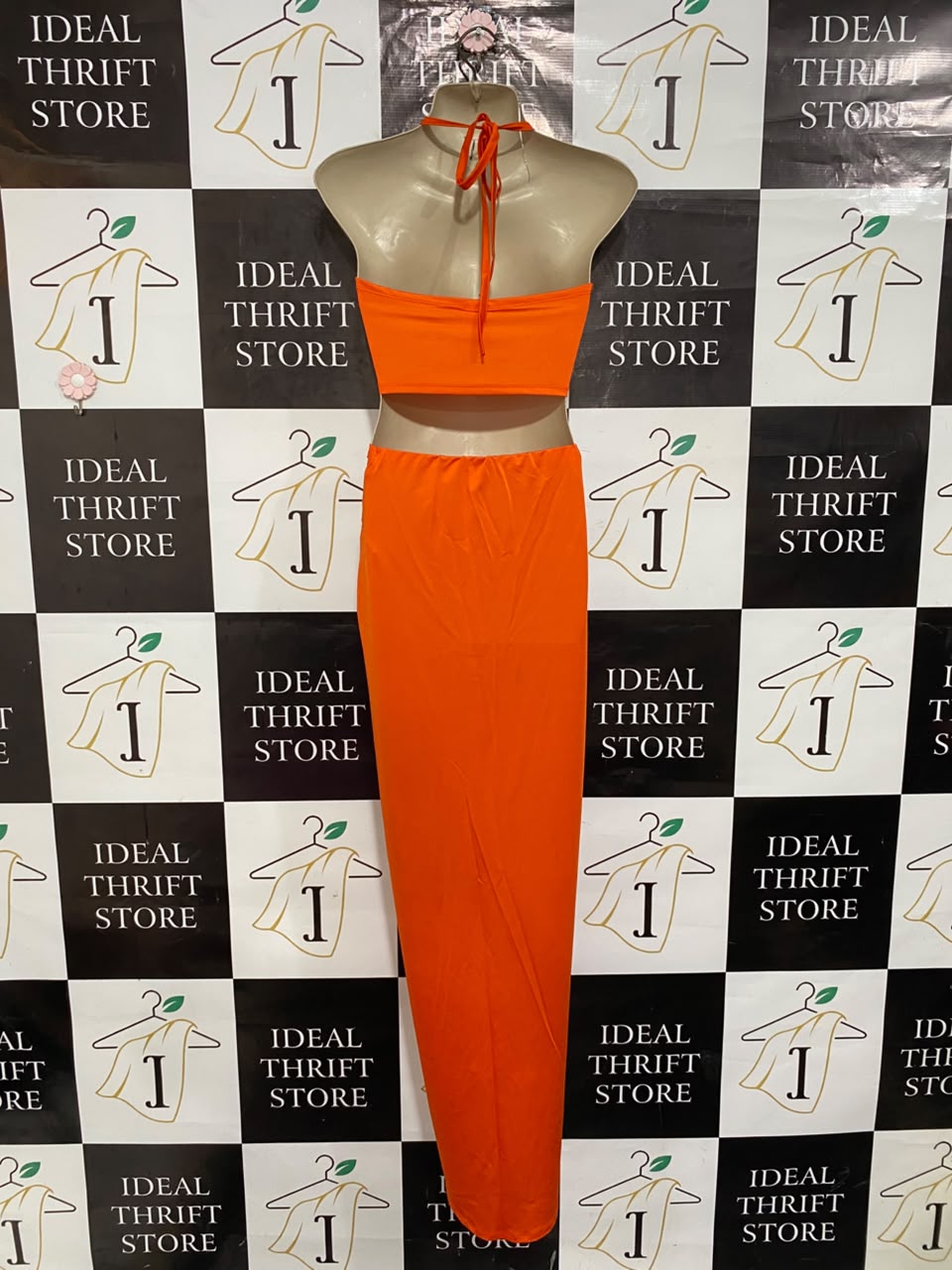 SHEIN |XS| A22| BRIGHT ORANGE HALTER CUTOUT TWO-PIECE MAXI DRESS | VIBRANT SLIT SARONG SKIRT SET