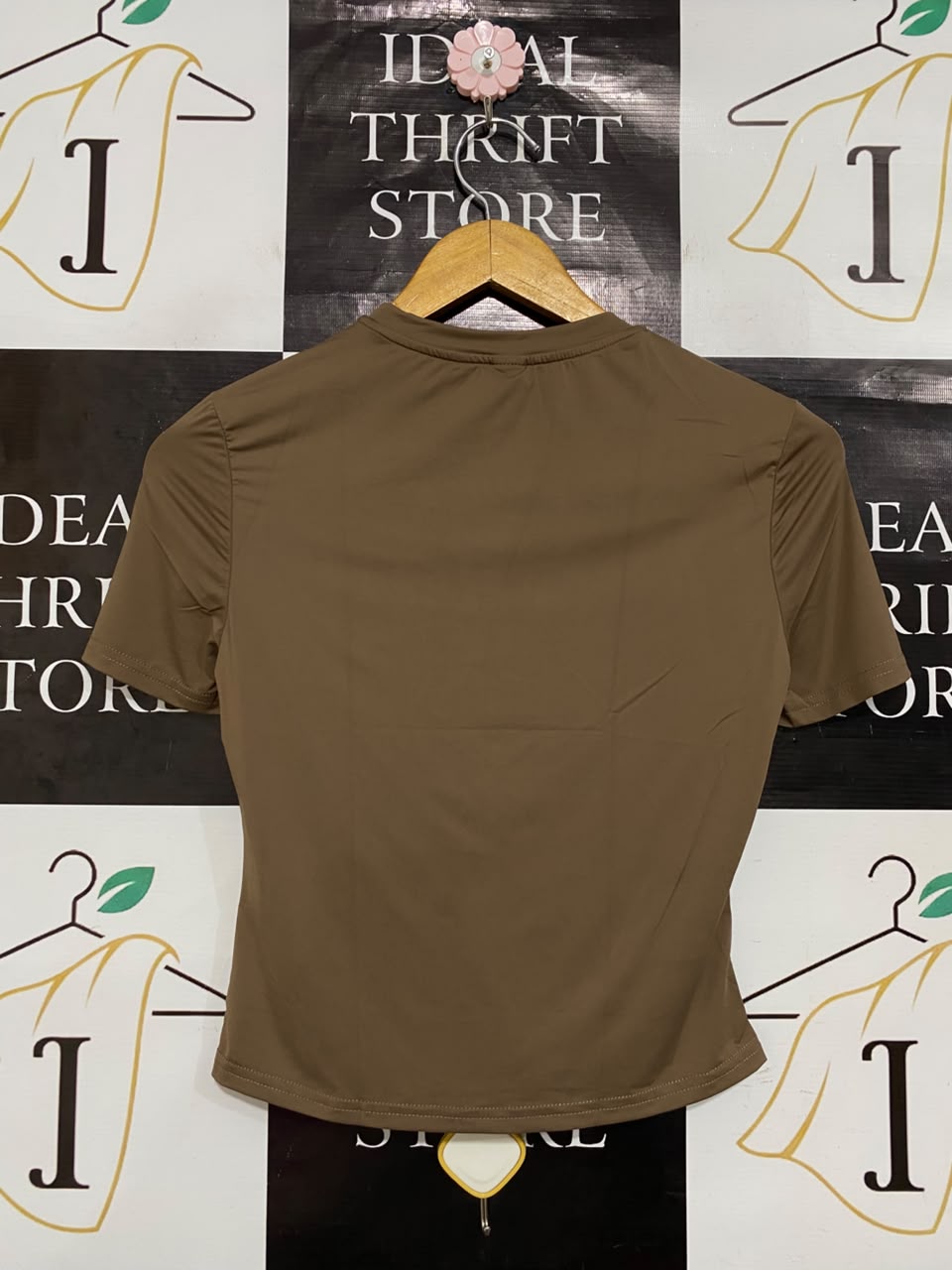 SHEIN |S| BUST 15| A22| BROWN SHORT-SLEEVE GATHERED NECK TOP | CHIC CASUAL EVERYDAY T-SHIRT