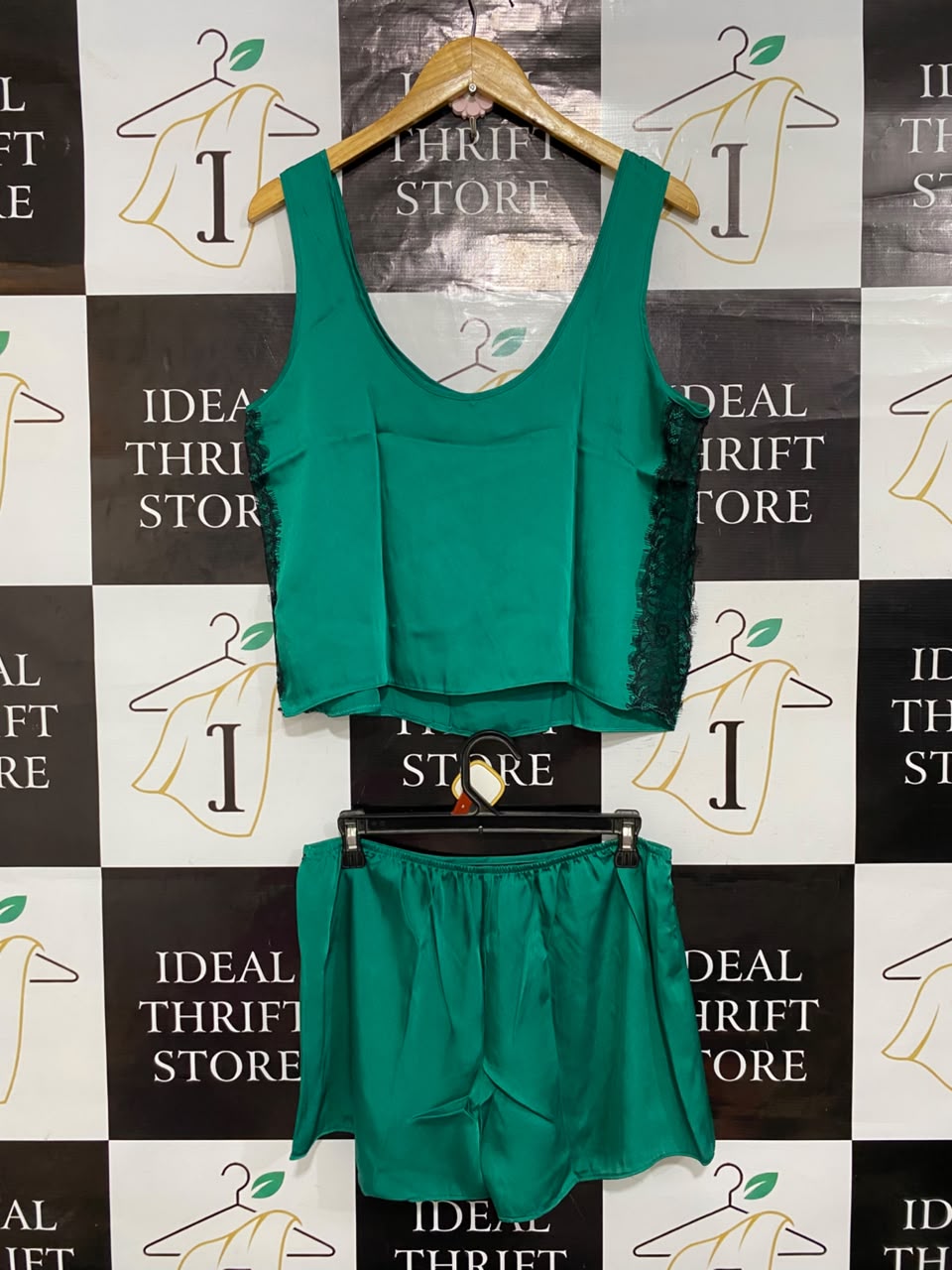 GEORGE |M| A22| EMERALD GREEN LACE-TRIM SATIN LOUNGE SET | TANK TOP AND SHORTS SLEEPWEAR