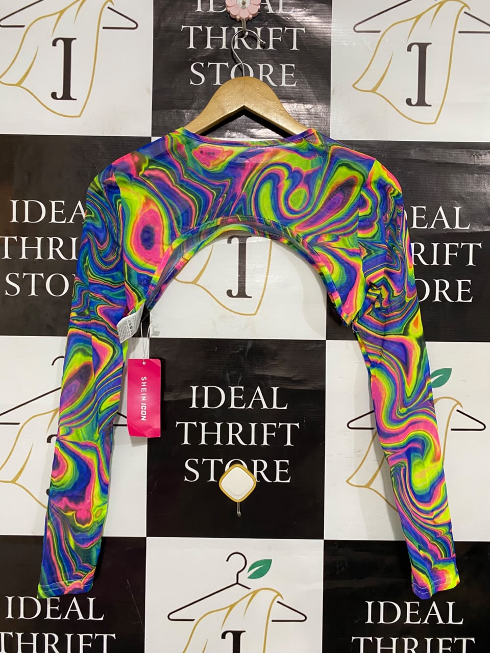 SHEIN |M| BUST 14| A22| NEON SWIRL PRINT MESH BOLERO SHUG | LONG-SLEVE CROPPED TOP
