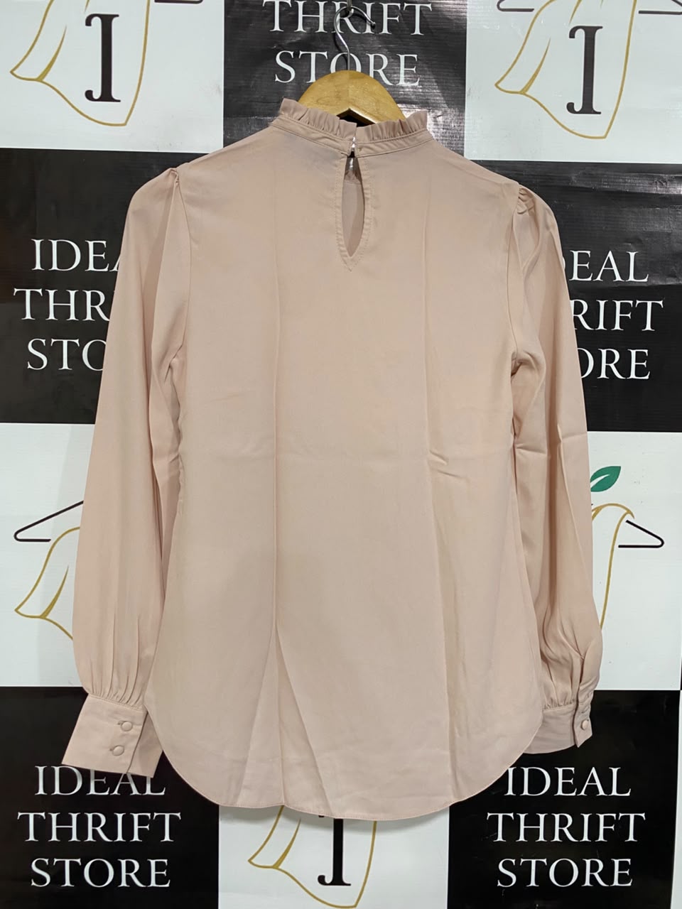 NEW LOOK |S| BUST 17| A22| BLUSH PINK RUFFLE HIGH-NECK BLOUSE | ELEGANT LONG-SLEEVE BISHOP SLEEVE TOP