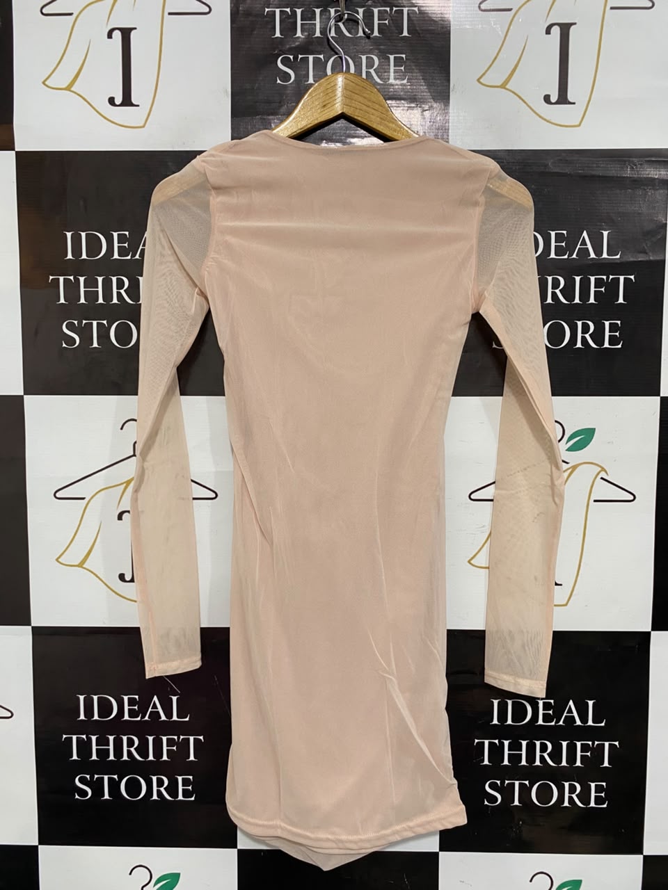 BOOHOO |S| BUST 13| A22| BLUSH PINK RUFFLED MESH LONG-SLEEVE BODYCON DRESS | CHIC PARTY MINI DRESS