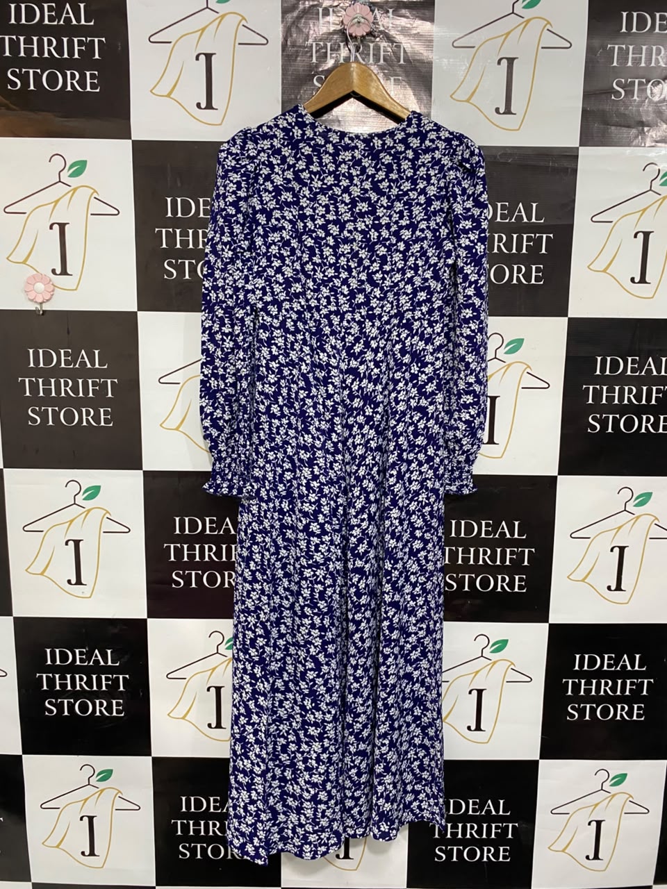 CAMEO ROSE |S| BUST 17| A22| NAVY BLUE WHITE FLORAL MIDI DRESS | V-NECK LONG-SLEEVE CASUAL DRESS