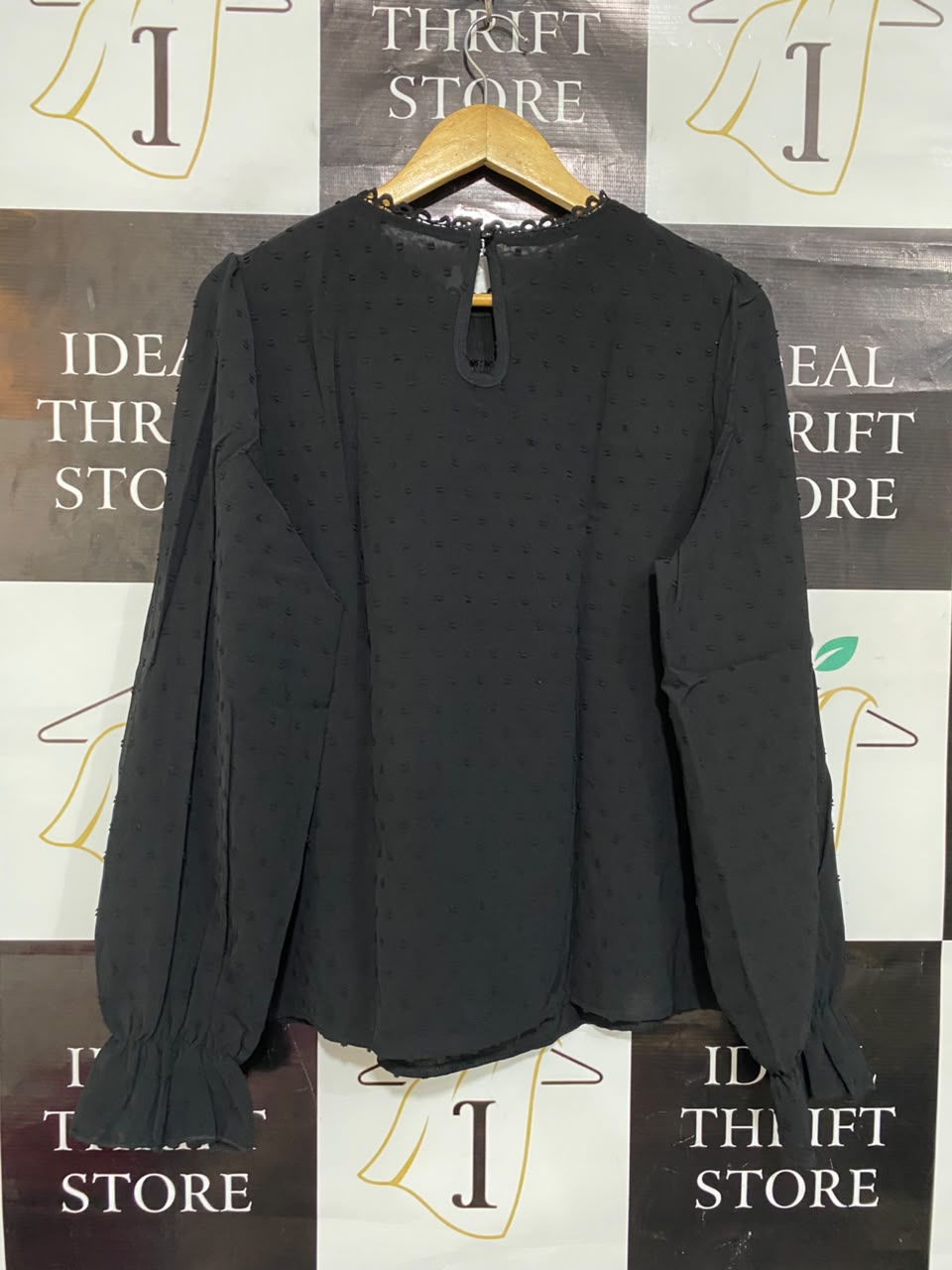 SHEIN |XL| BUST 21| A22| BLACK SWISS DOT LACE YOKE BLOUSE | ELEGANT LONG-SLEEVE RUFFLE CUFF TOP