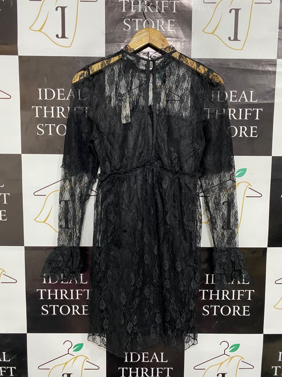 SB ETRO |M| BUST 16| A22| BLACK SHEER LACE LONG-SLEEVE MIDI DRESS | ELEGANT HIGH-NECK PARTY DRESS