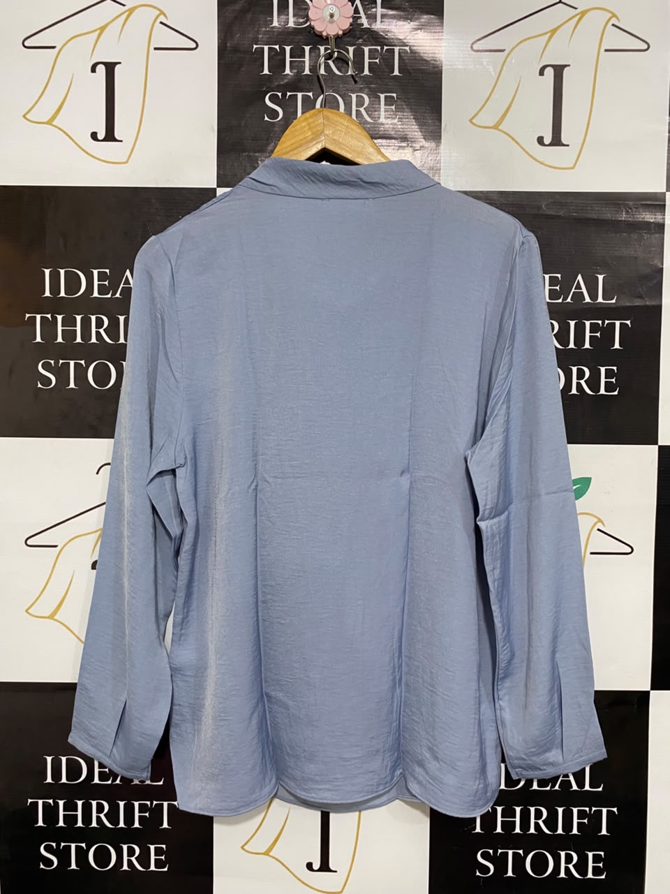 PRIMARK CARES |L| BUST 20| A22| DUSTY BLUE TIE-NECK SATIN BLOUSE | ELEGANT LONG-SLEEVE WORKWEAR TOP