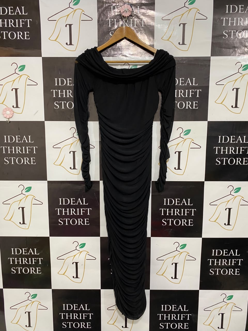 SHEIN |XS| BUST 13| A22| BLACK OFF-SHOULDER RUCHED LONG-SLEEVE MAXI DRESS | ELEGANT COCKTAIL PARTY DRESS