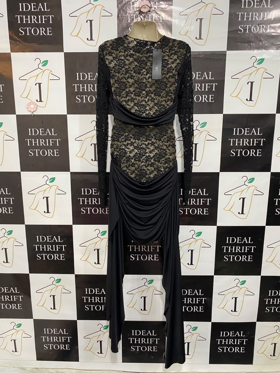 LIONESS |M| BUST 15| A22| BLACK LACE DRAPED ASYMMETRIC LONG-SLEEVE TOP | ELEGANT GOTHIC PARTY BLOUSE