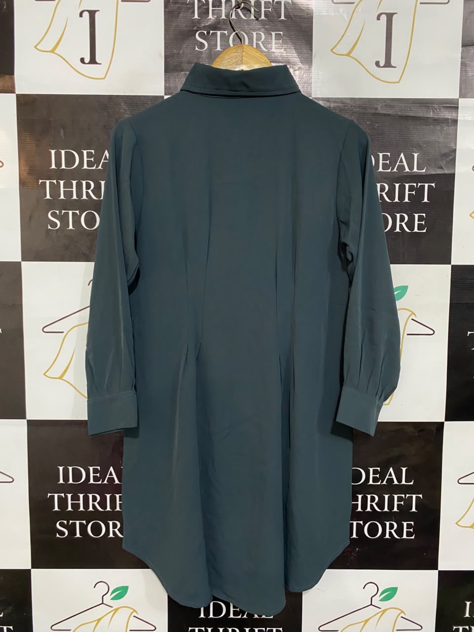 Z & BLACK |L| BUST 18| A22| DARK TEAL BUTTON-DOWN SHIRT DRESS | LONG-SLEEVE COLLARED CASUAL MINI DRESS