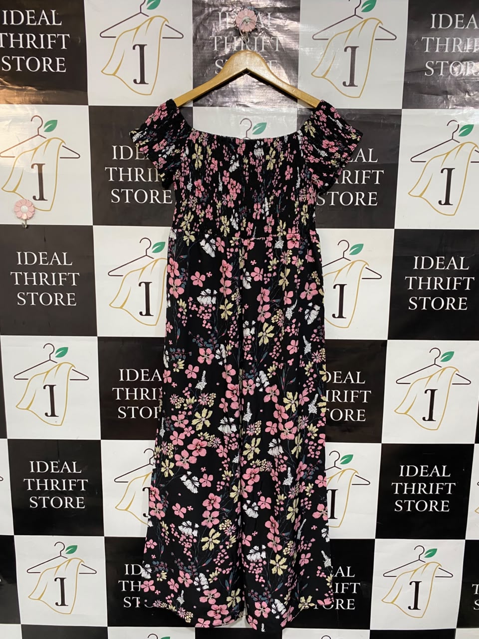 SHEIN CURVE |XL| BUST 15| A23| BLACK FLORAL PRINT OFF-SHOULDER MAXI DRESS