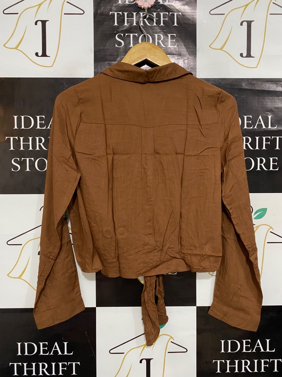 PRIMARK |S| BUST 19| A23| RUST BROWN BUTTON-UP TIE-FRONT LONG-SLEEVE CROP SHIRT