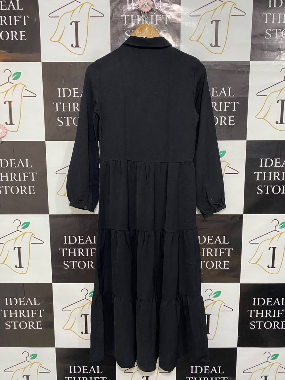 NEW LOOK |S| BUST 16| A23| CLASSIC BLACK COLLARED TIERED SHIRT DRESS | LONG-SLEEVE MIDI DRESS